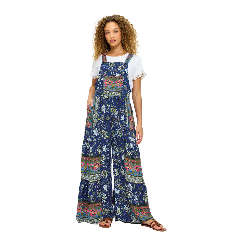 Bohemian Floral Navy Wide-Leg Overalls Jumpsuit